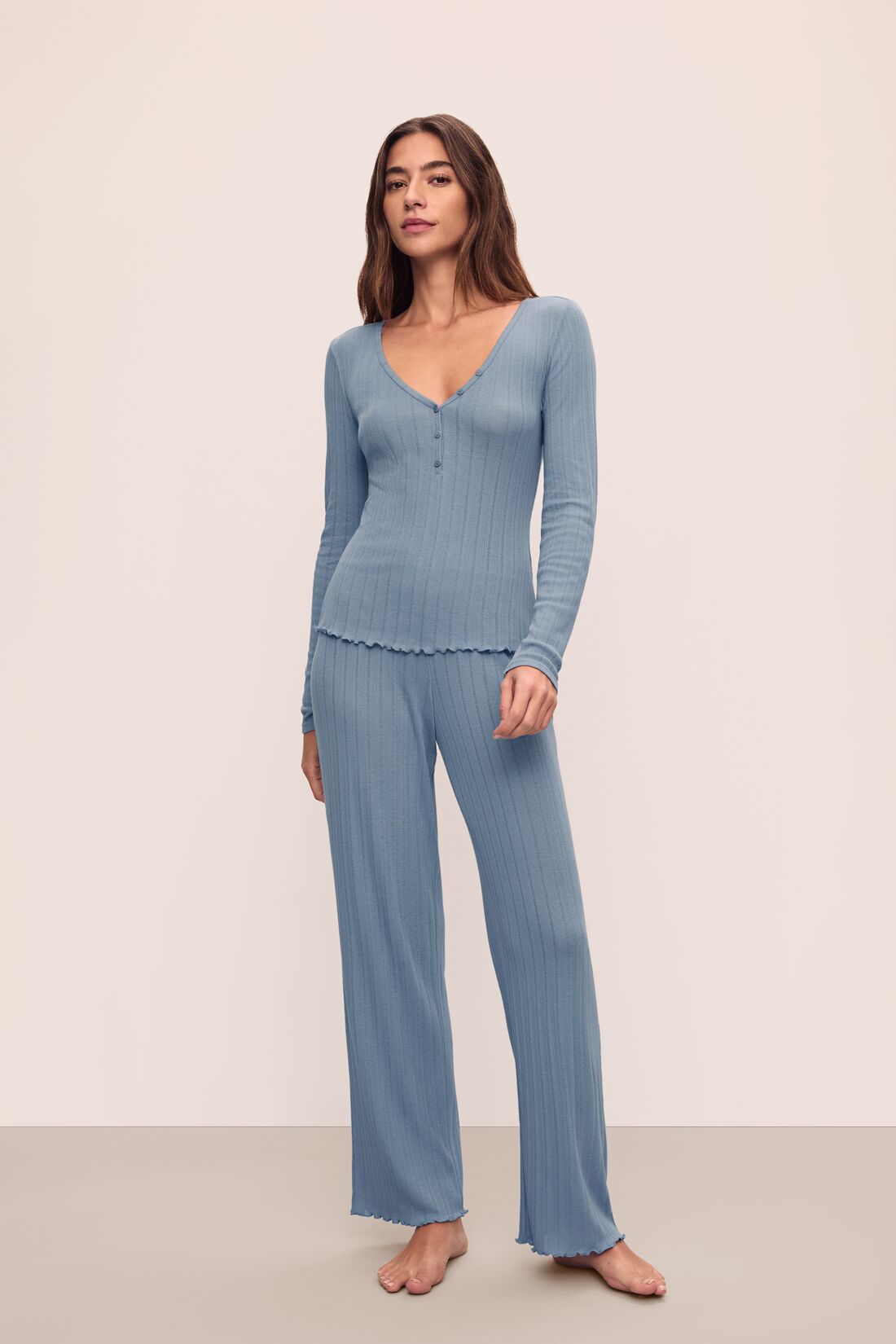 Pointelle v-neck henley top