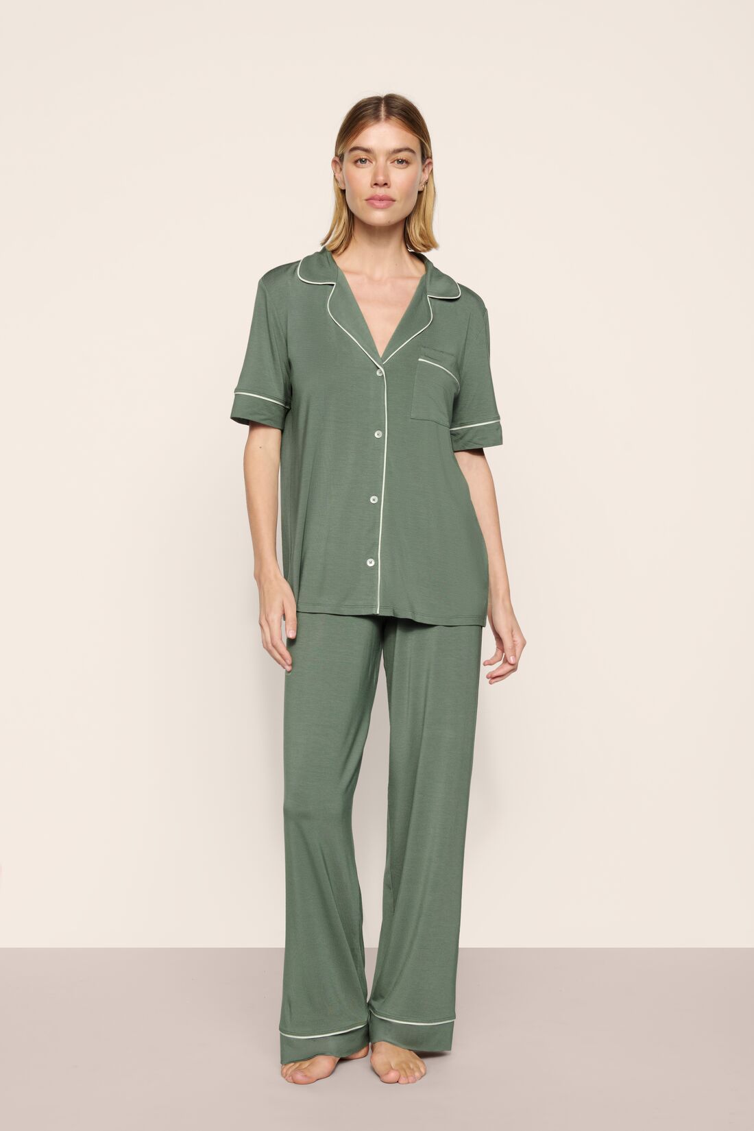 Gisele short sleeve and pant pajama set - desert sage/ivory
