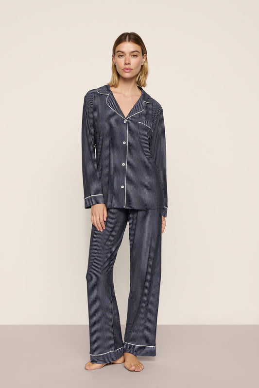 Gisele printed long pajama set - duo stripe true navy/ivory