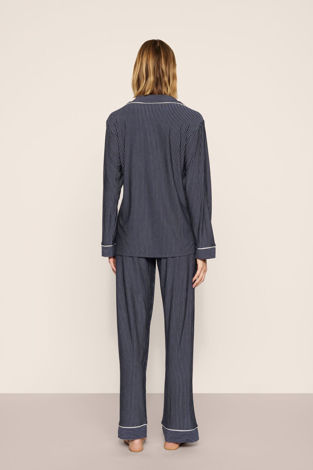 Gisele printed long pajama set - duo stripe true navy/ivory
