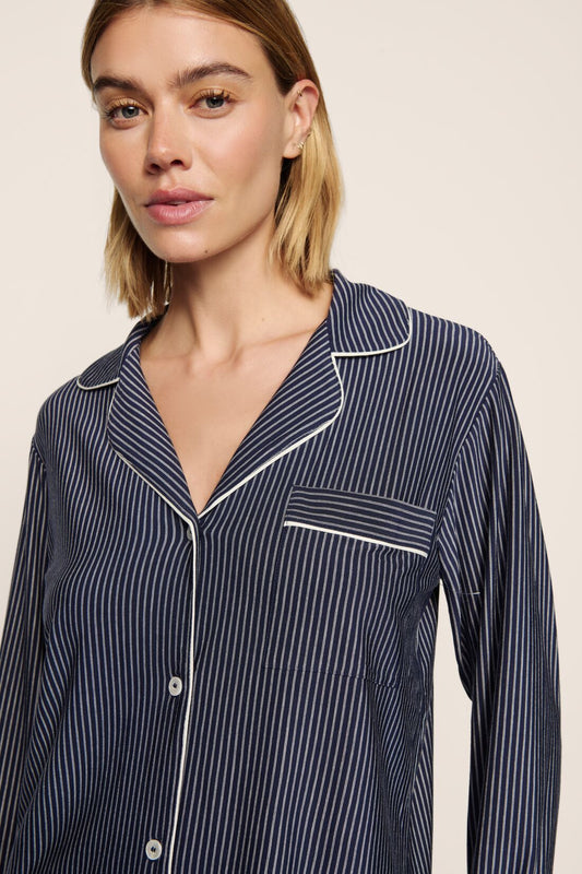 Gisele printed long pajama set - duo stripe true navy/ivory