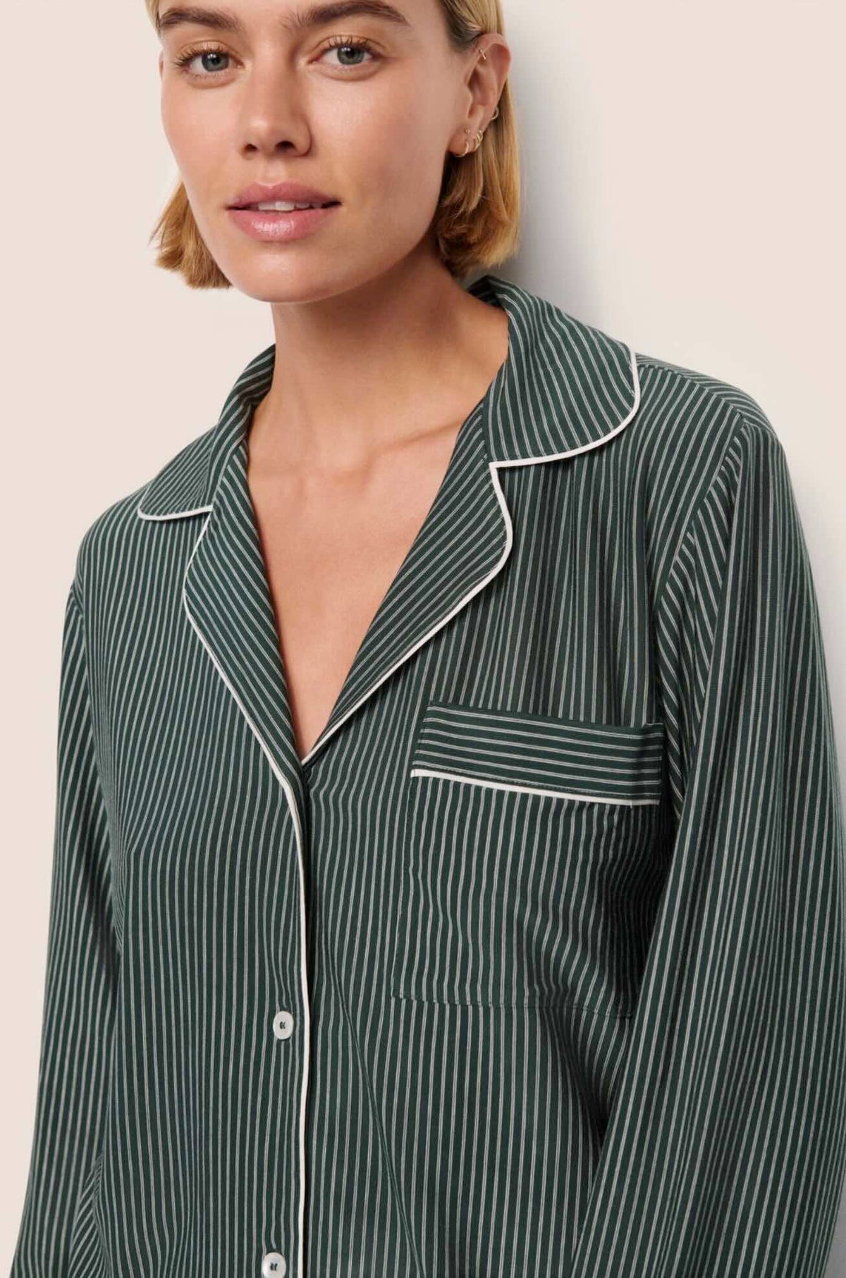 Gisele printed long pajama set - duo stripe pine/ivory