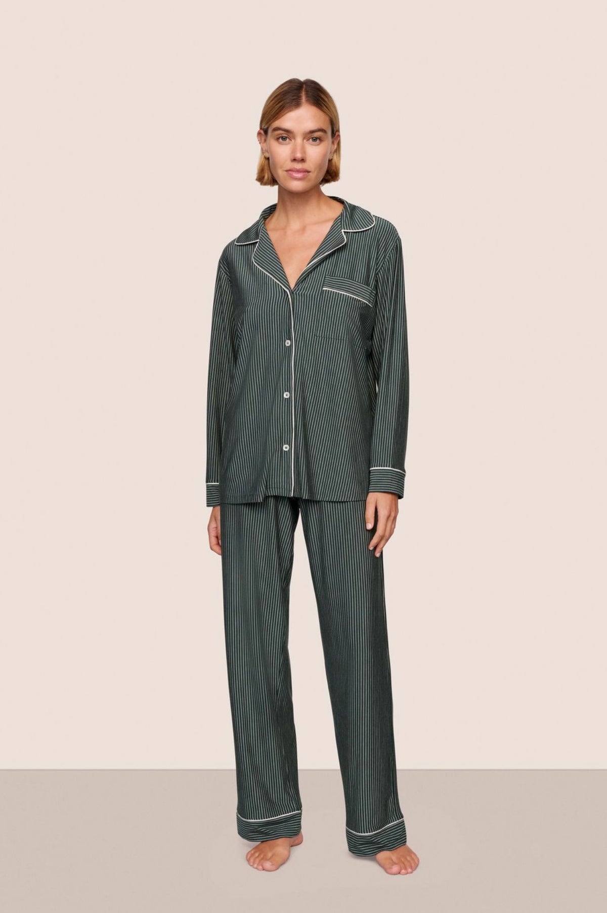 Gisele printed long pajama set - duo stripe pine/ivory