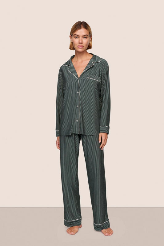 Gisele printed long pajama set - duo stripe pine/ivory