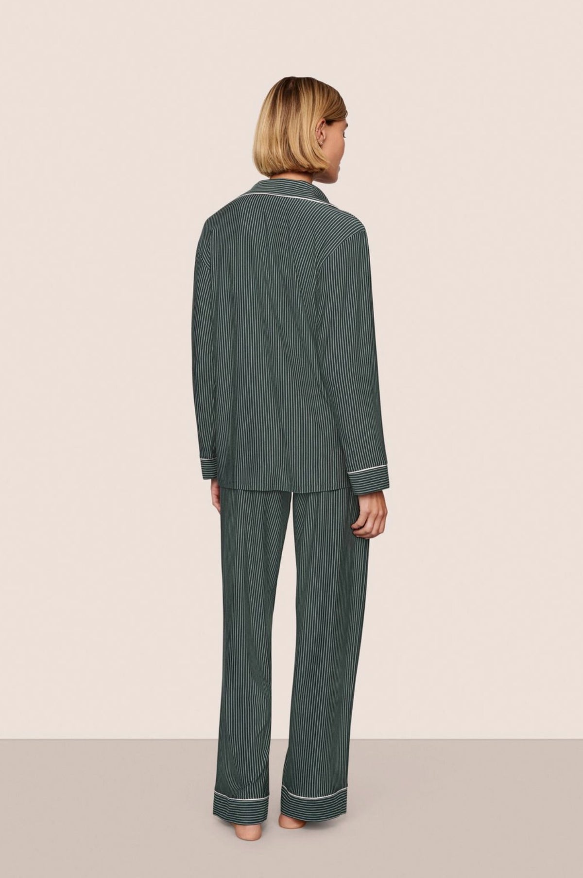 Gisele printed long pajama set - duo stripe pine/ivory