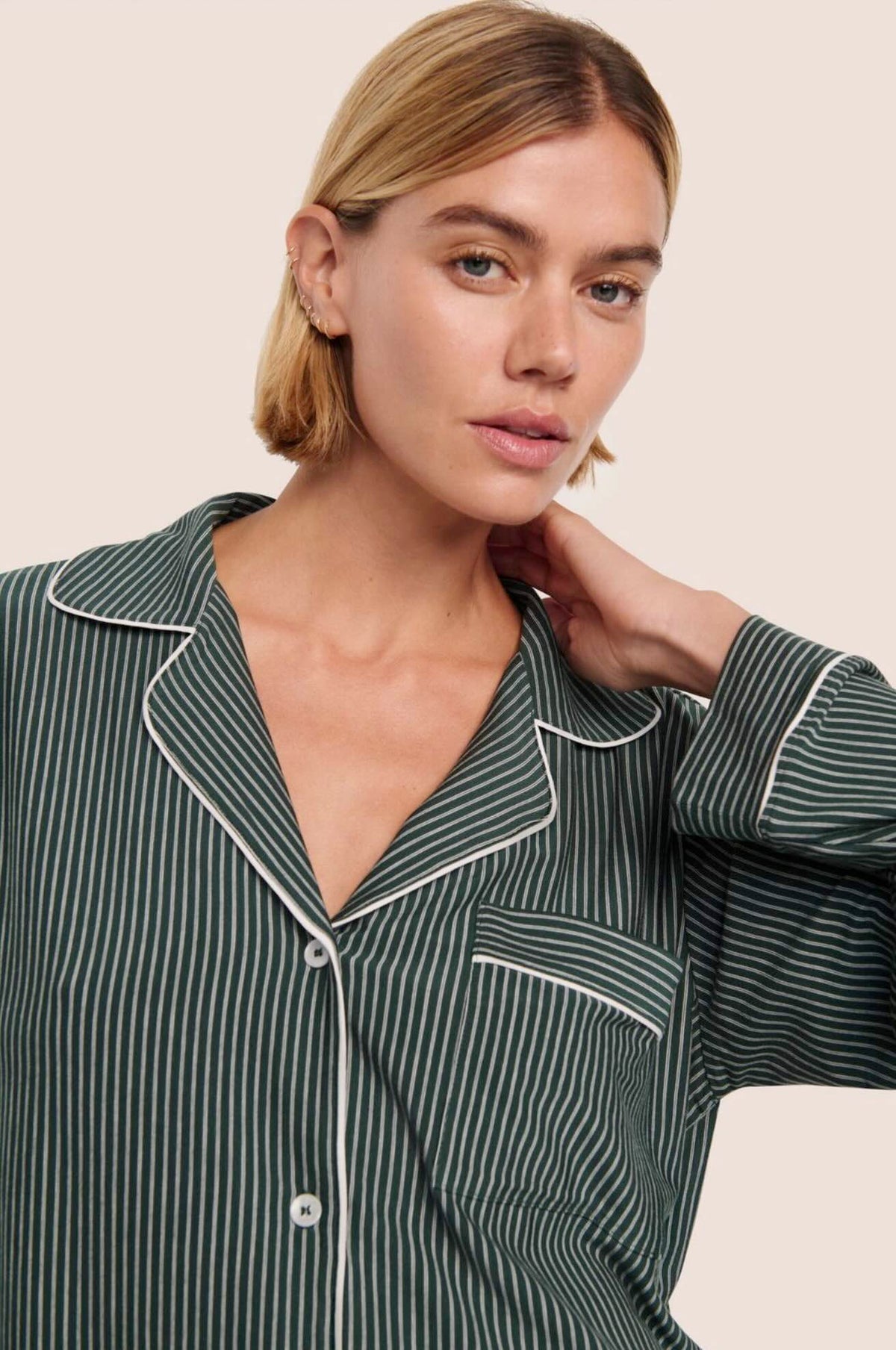 Gisele printed long pajama set - duo stripe pine/ivory