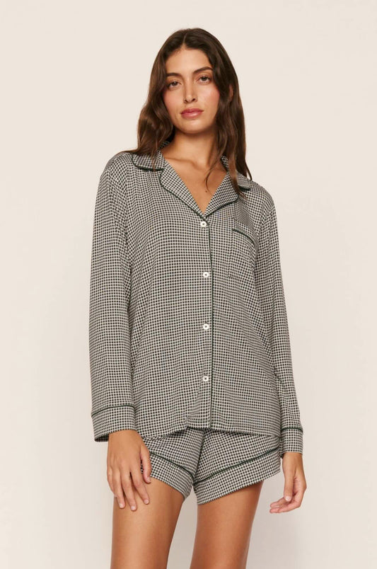 Gisele printed long pajama set - cabin check ivory/pine