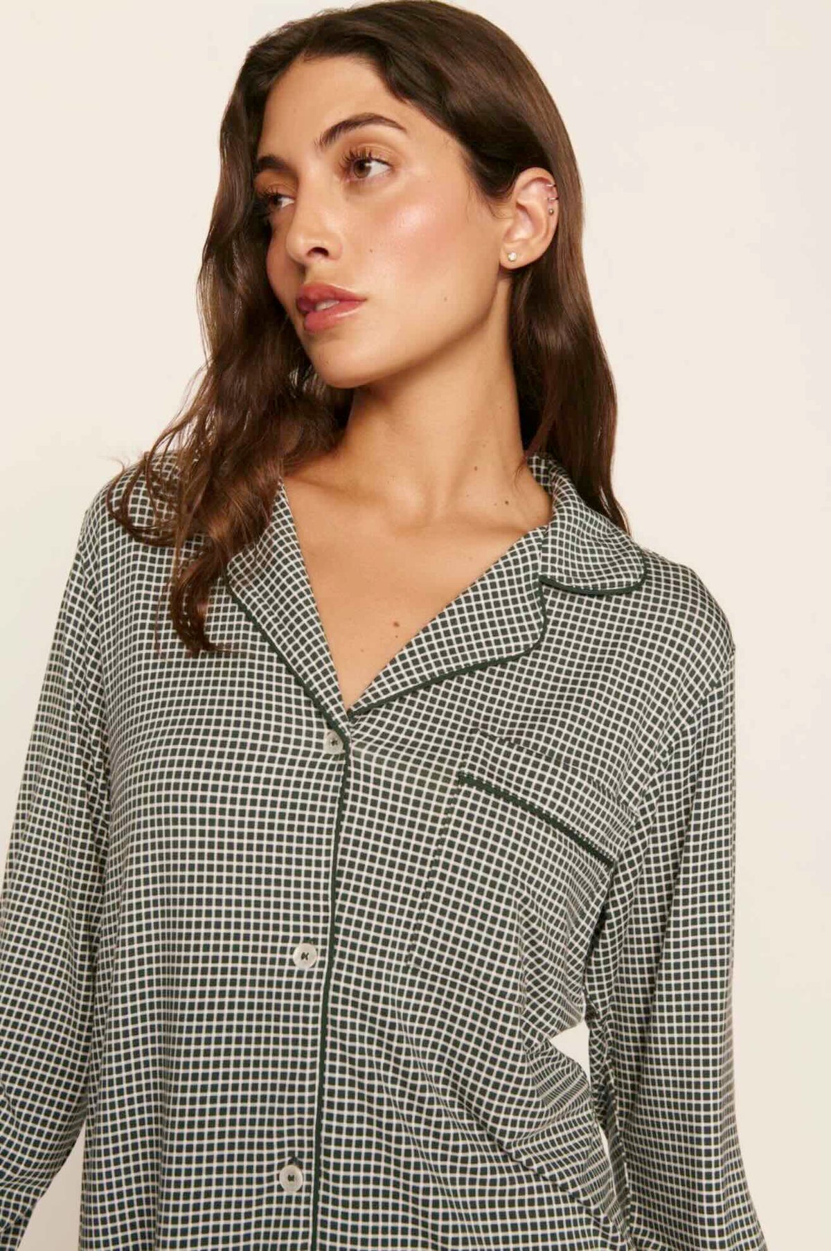 Gisele printed long pajama set - cabin check ivory/pine